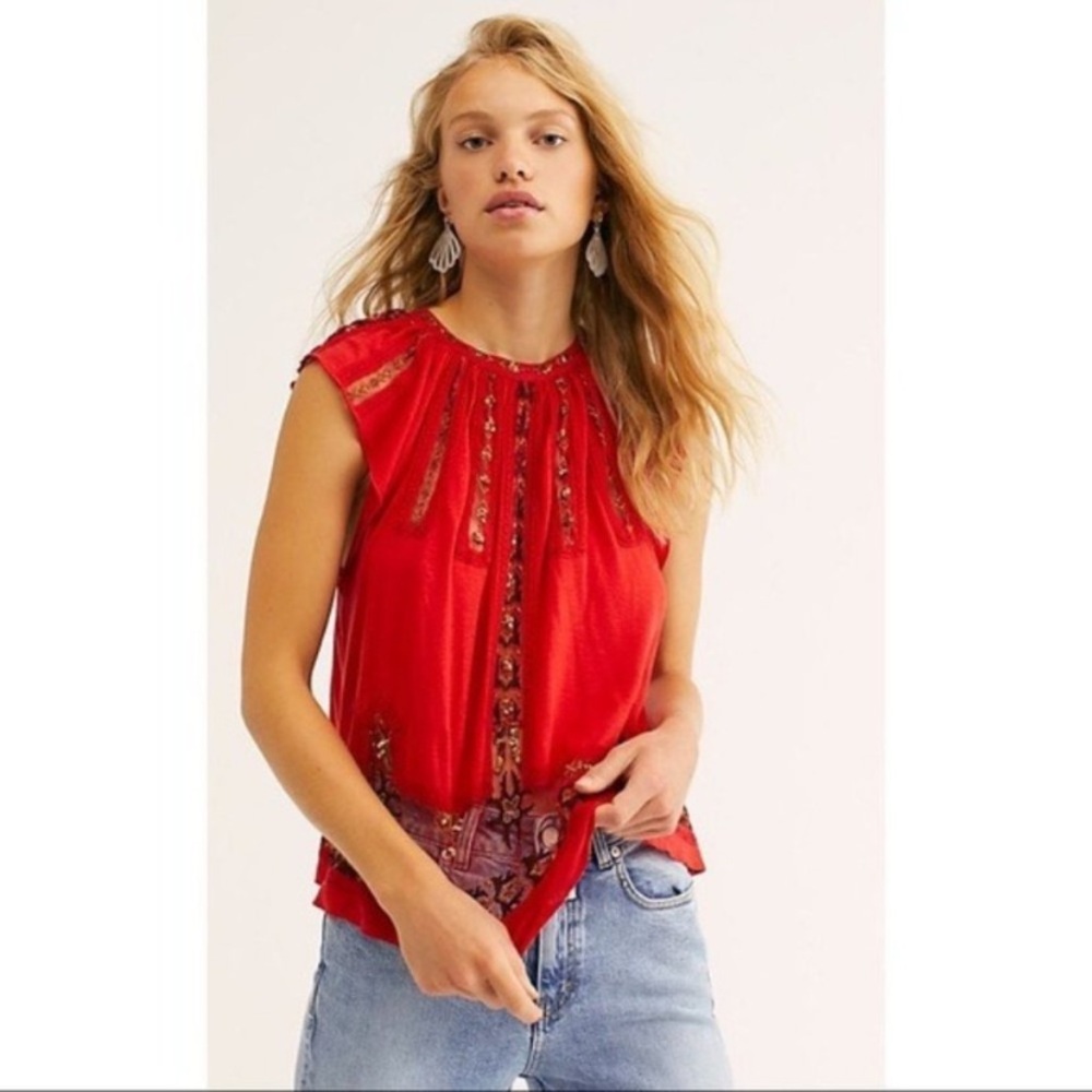 Free People Red Embroidered Sequin Sheer Panel Peasant Blouse Top w/Back Tassels - Picture 2 of 15